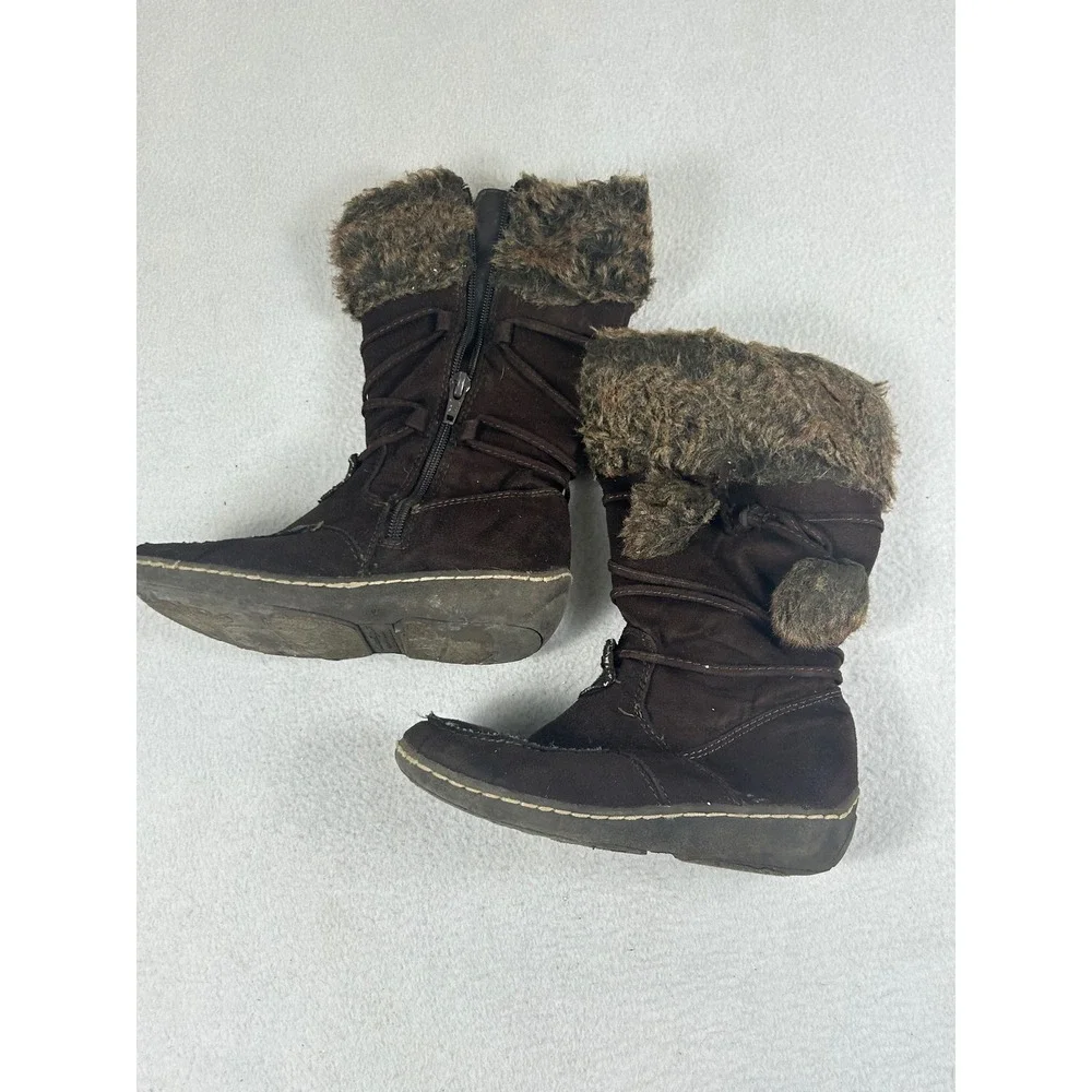 Unbranded Winter Boots Kids 12.5 Brown Faux Fur Pom Pom Cozy Cabin Snow Boots